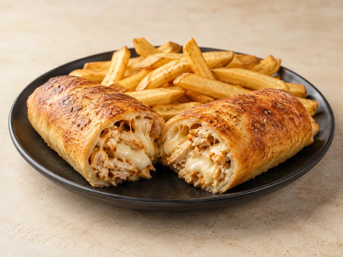 Stuffed pizza roll with fries