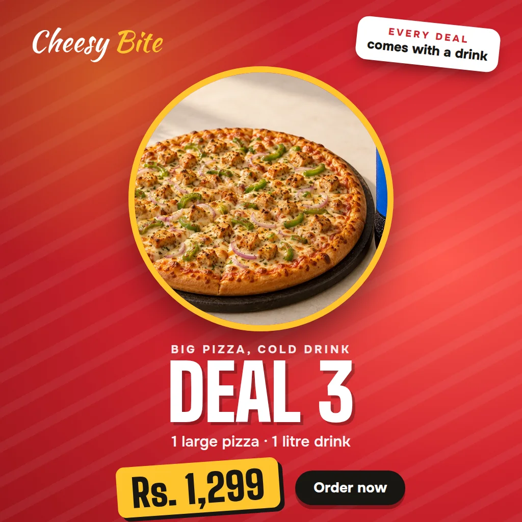 Deal 3: 1 large pizza with a 1 litre drink for Rs. 1,299