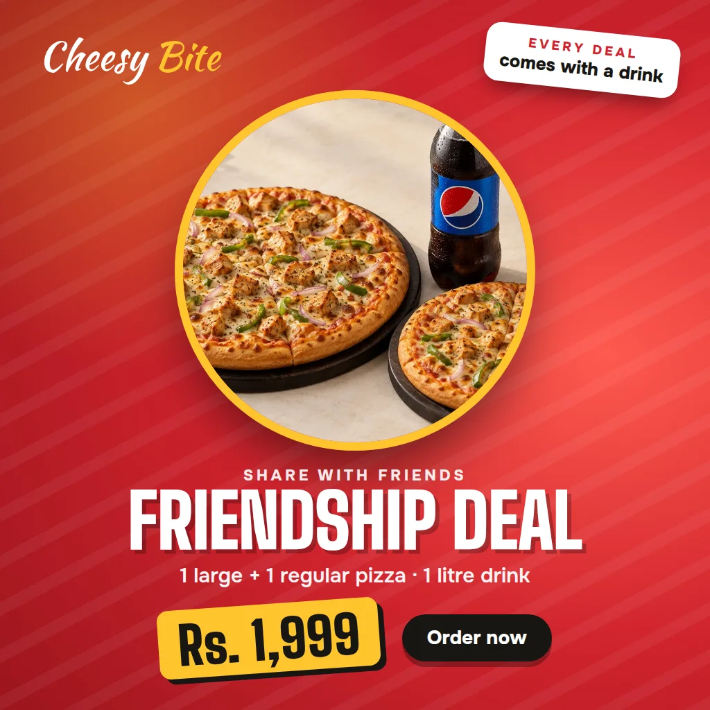 Friendship Deal: 1 large and 1 regular pizza with a 1 litre drink for Rs. 1,999